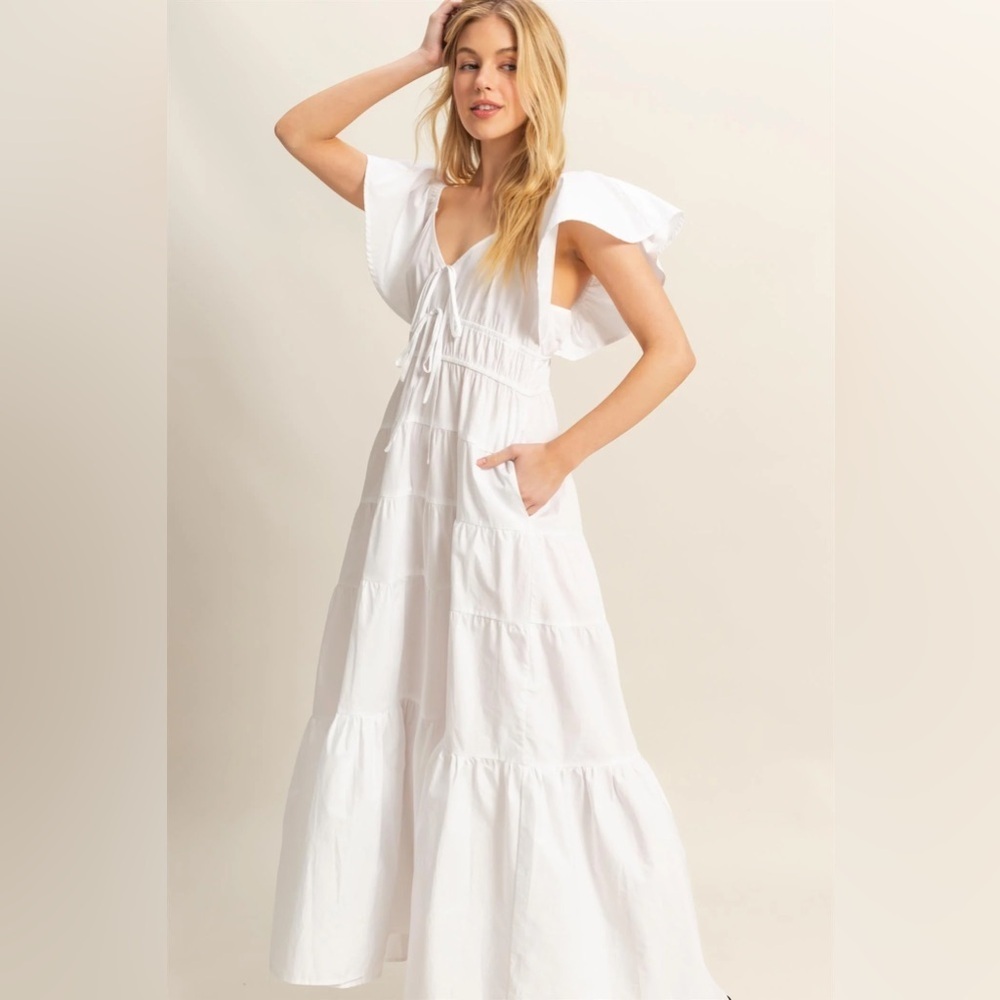 NEW HYFVE White Flutter Sleeve Tiered Cotton Maxi Dress Size Small - Picture 6 of 7
